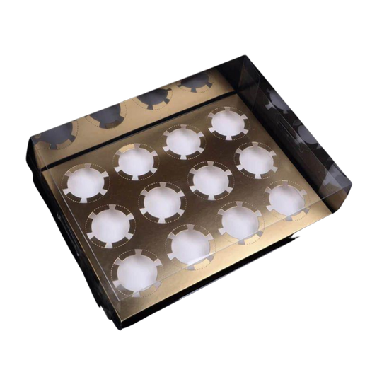 [MMA0004] Transparent 12pc Cupcake Box - White / Gold / Black Base