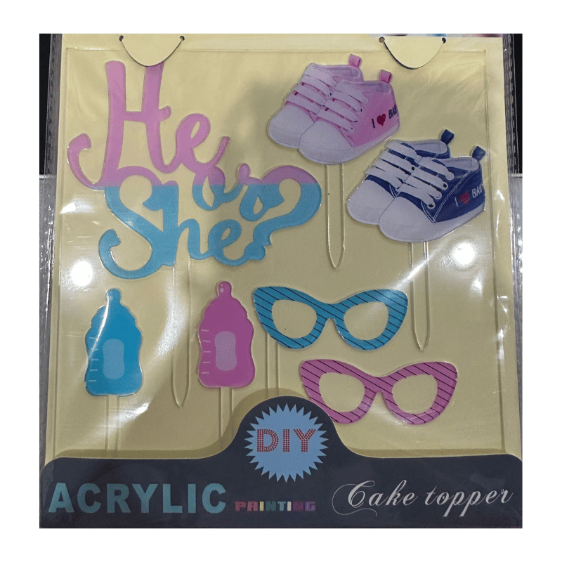 Cake Topper Gender Reveal He or She Set Acrylic