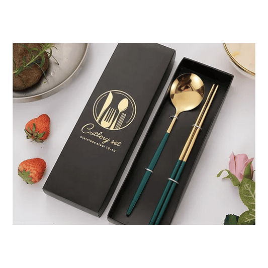 Premium Chopstick & Spoon Set Gold Green