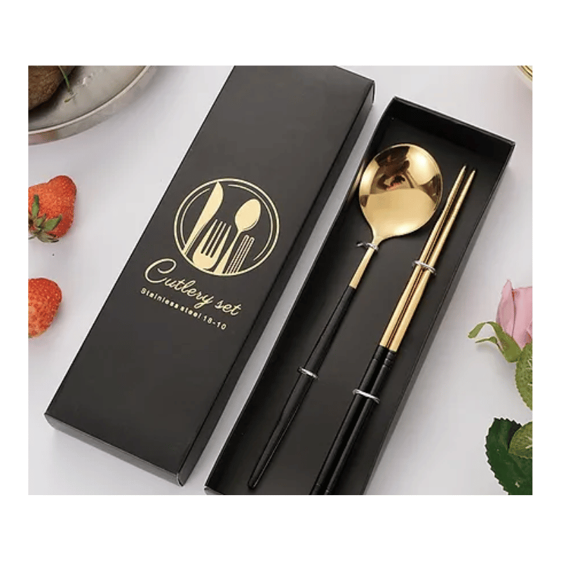 Premium Chopstick & Spoon Set Gold Black