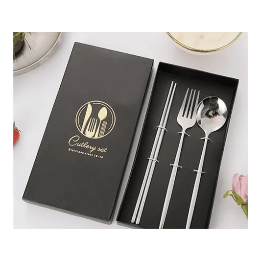 Premium Chopstick, Fork & Spoon Set Silver