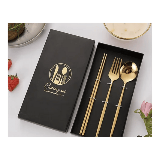 Premium Chopstick, Fork & Spoon Set Gold