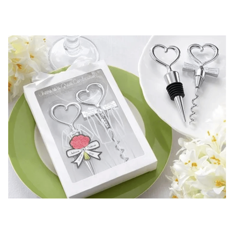 Bottle Stopper Wine Opener Silver Heart Set