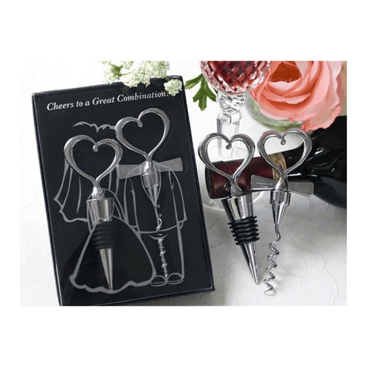 Bottle Stopper Wine Opener Silver Heart Set Black Box