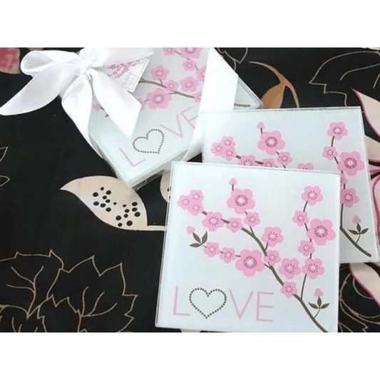 Cherry Blossom LOVE Glass Coasters 2pc