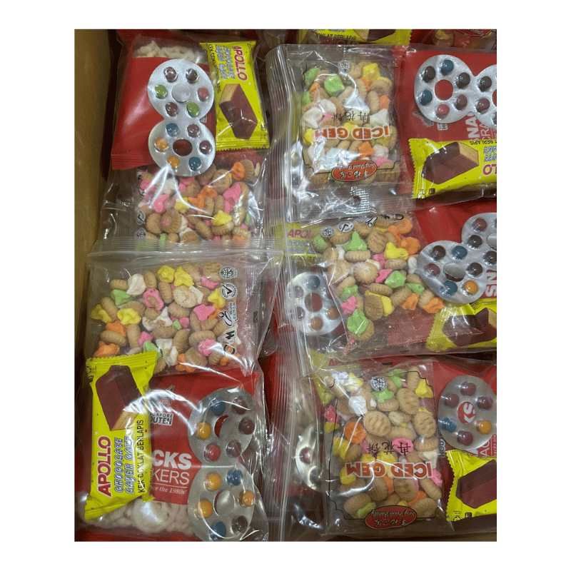 [Halal] Goodie Bags x 100pkts (Apollo Cake | Spinwheel | Ice Gem Biscuit | Eyeglass Chocolate)